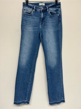 Risen Jeans Denim 7/28 Mid Rise Straight Leg Medium Wash Stretch Pockets Western